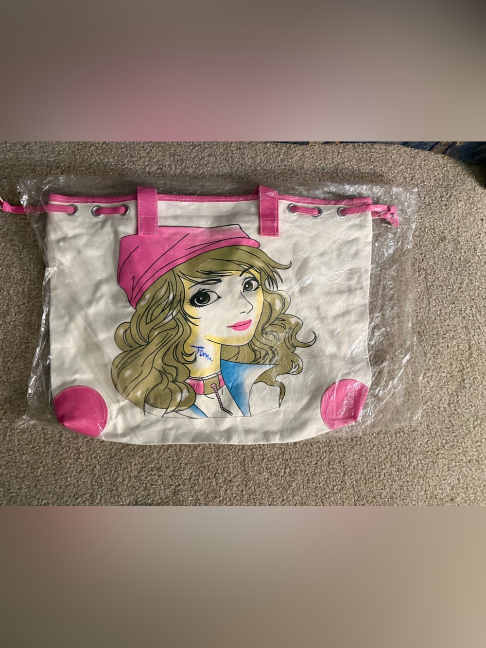 Canvas Tote Bag with Illustrated Girl - Pink & White